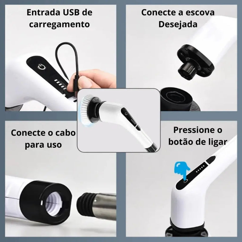 Escova de Limpeza Elétrica 360º MOP Multiuso 9 em 1 Recarregável