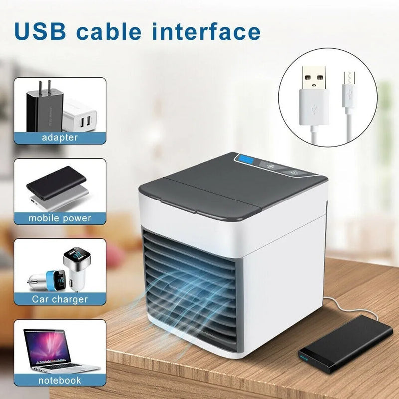 Ar Condicionado Portátil Com Três Velocidades e Três Configurações, Umidificador Climatizador e Ar Condicionado, Possuindo Luz Led e Carregamento Via USB.