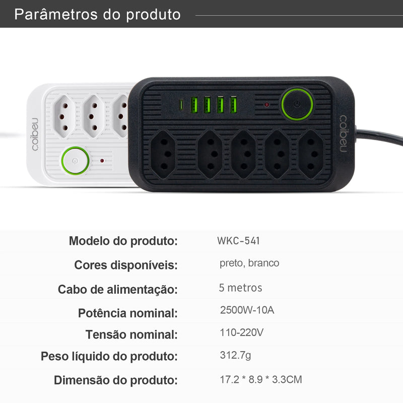 Extensão Tomada Inteligente, Filtro de Linha, Régua de Energia, 5 Tomadas, 4 Interfaces USB, 1 Porta USB Tipo-C, PowerHub Pro